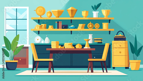 Stylized dining room scene features shelves and table topped with geometrical tableware, in muted teal and yellow hues
