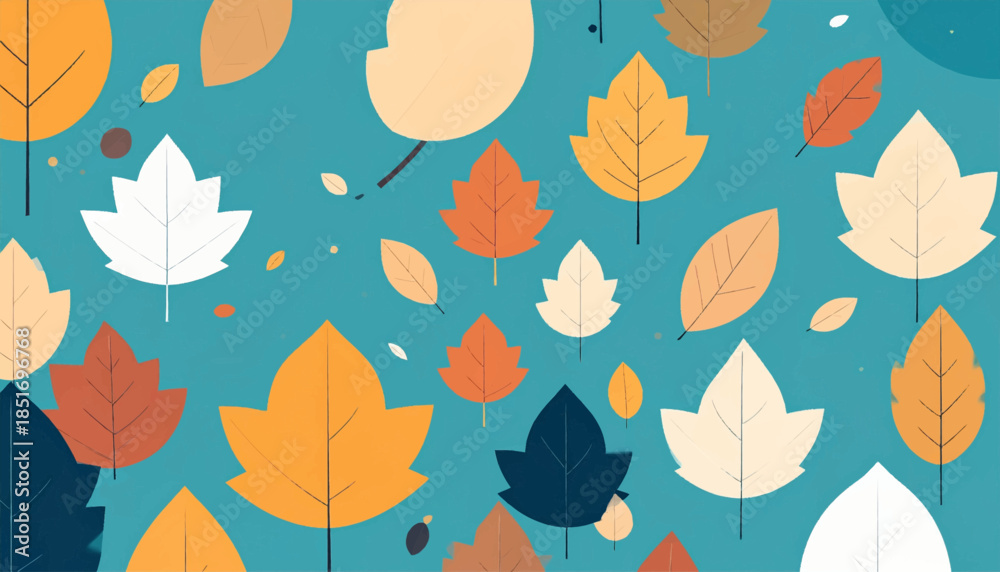 Fototapeta premium Stylized fall leaf pattern on blue background; flat design with varying colors and simple textures