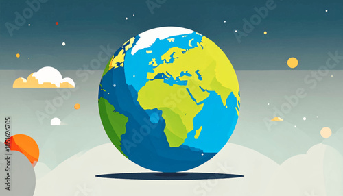 Stylized earth globe floating in space with abstract shapes representing clouds and stars against a muted blue backdrop