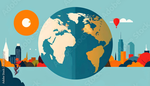 Stylized Earth illustration with cityscapes, autumnal trees, & orange sun against a light blue background