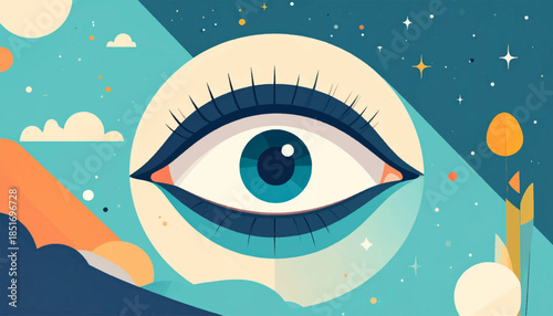 Stylized eye amidst a celestial landscape with geometric shapes and vibrant, muted colors