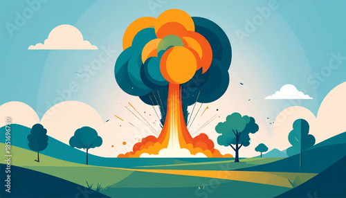 Stylized explosion graphic over a rolling landscape with trees, rendered in bold, flat colors and simplified forms