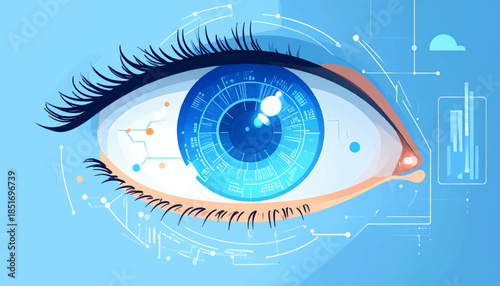 Stylized eye with technology-inspired patterns and light blue background conveys a sense of future vision