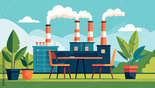 Stylized factory landscape with smoke stacks, table/chairs, potted plants, and calming background elements