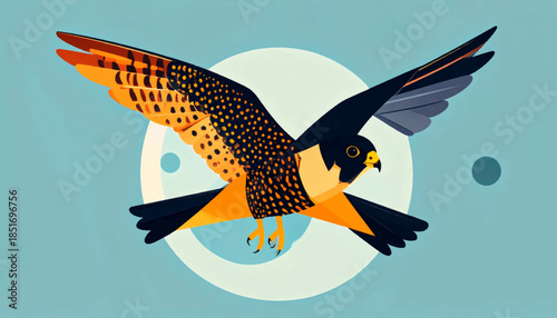 Stylized falcon soaring in flat design against pale blue background with white circular elements