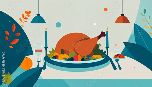 Stylized feast featuring a turkey, side dishes, candles, and foliage, rendered in a flat, graphic style