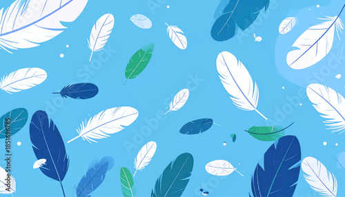 Stylized feathers float against a light blue background, creating a serene, airy texture, with soft color variations