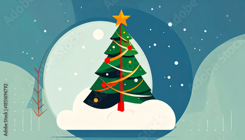 Stylized, festive Christmas tree stands in snow, against a blue wintery background