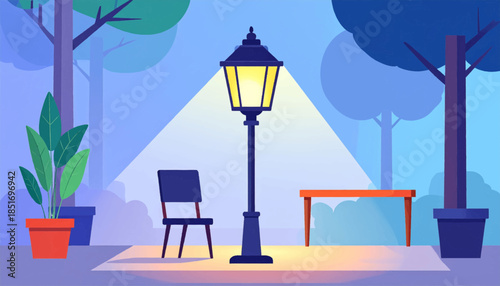 Stylized night scene lamp post illuminates chair, table, potted plant against a backdrop of trees and foliage