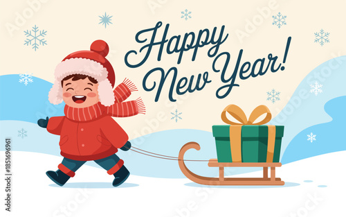 A young boy in a red coat and hat pulls a sledge with a gift through a snowy landscape on a winter day.