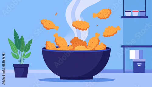 Stylized flat illustration of a large bowl overflowing with steaming fried chicken in a room