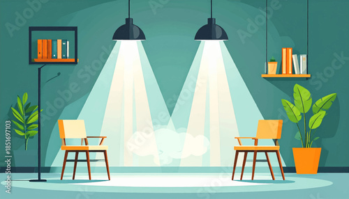 Teal room with two wooden chairs, plants, and lights creates a modern, warm ambiance