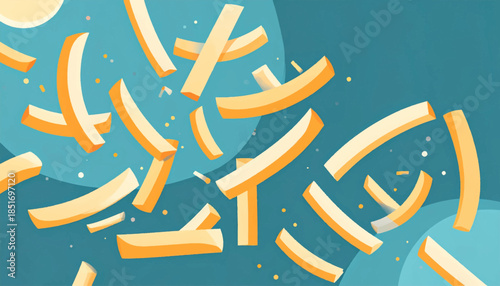 Stylized, flat-design, french fries floating over a teal backdrop with colorful dots