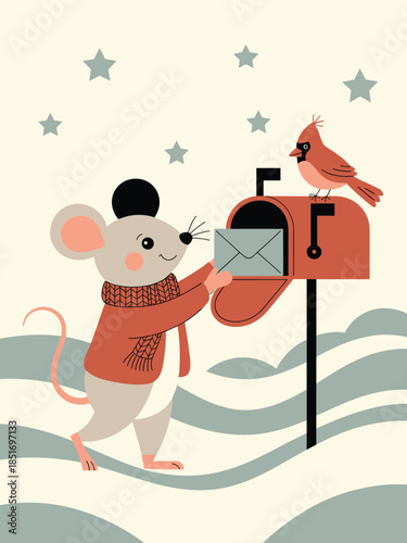 A mouse dressed in winter attire collects mail from a mailbox with a cardinal perched on top