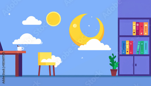 Stylized flat-design illustration of a workspace with moon, sun, clouds, desk, chair, and bookcase, against a blue sky