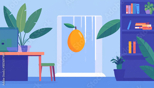Stylized flat-style interior scene, with an orange in front of a window and leafy plants