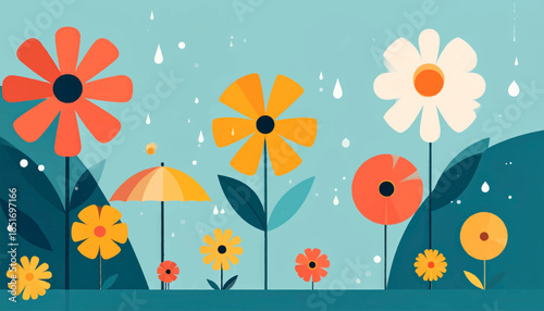 Stylized floral garden scene with cartoonish flowers, umbrella, rain drops, and gentle color scheme