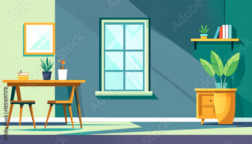 Stylized, indoor scene features furniture, plants, and window with natural light cast in turquoise, yellow, and blue hues