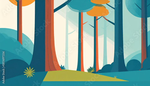 Stylized forest scene with orange-topped trees and blue-green foliage against a light backdrop