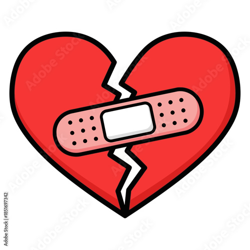 Broken heart with band aid on white background