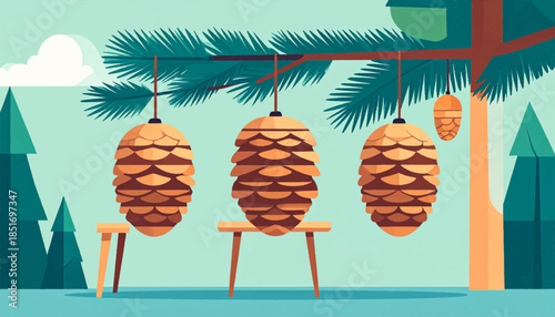 Stylized forest scene with pinecones hanging from a branch over short tables, against an aqua sky with a cloud