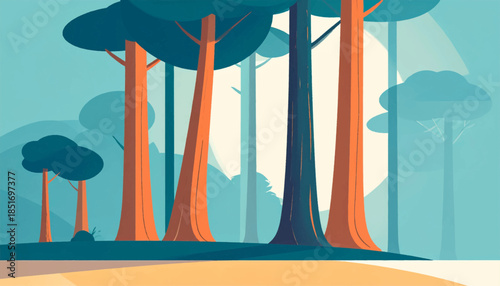 Stylized forest view with tall trees, rounded treetops, and muted blues, oranges, and tans in a flat illustration