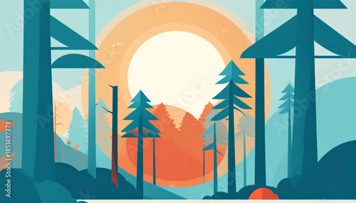 Stylized forest with teal trees and an orange sun, minimal details and colors creates a simple scenery