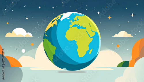 Stylized globe illustration with visible continents against a starry, cloudy sky and textured ground