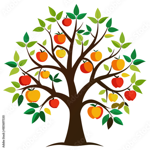 Colorful Apple Tree Illustration with Ripe Fruits and Green Leaves