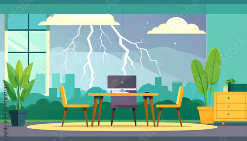 Stylized indoor scene with furniture; lightning flashes outside the window over city