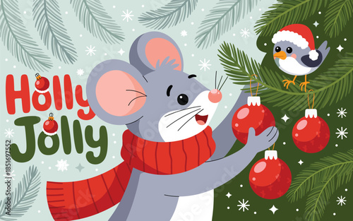 A cartoon mouse decorating a Christmas tree with ornaments while a bird watches from a nearby branch