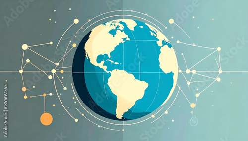 Stylized globe surrounded by interconnecting lines & dots on a muted background with a retro/modern vibe