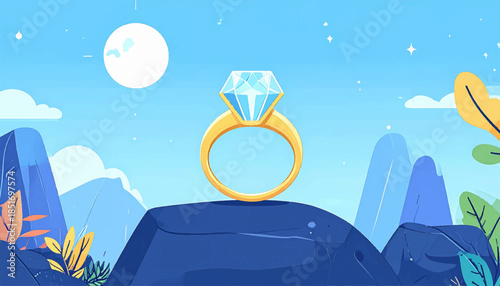 Stylized gold ring with blue diamond sits atop a dark blue rock, set against mountain, sky and full moon backdrop