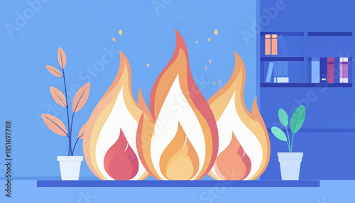 Stylized interior features a fireplace, houseplants, and a bookshelf against a calming blue backdrop