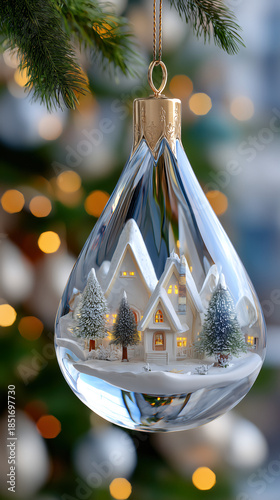 Enchanted Christmas Tree Ornament Video: Glass  with Miniature Village Scene Inside	