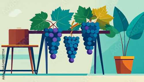 Stylized graphic of grapes hanging over a table, with a potted plant and a cloud in the background
