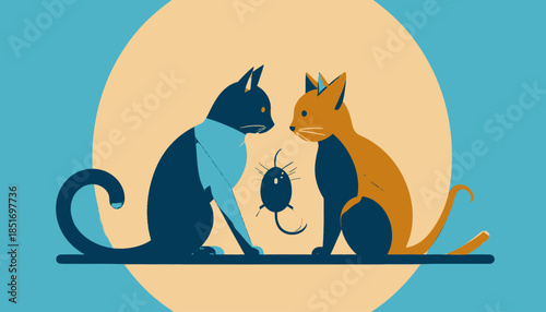 Stylized graphic of two cats facing each other with a small mouse, set against a light orange circle background