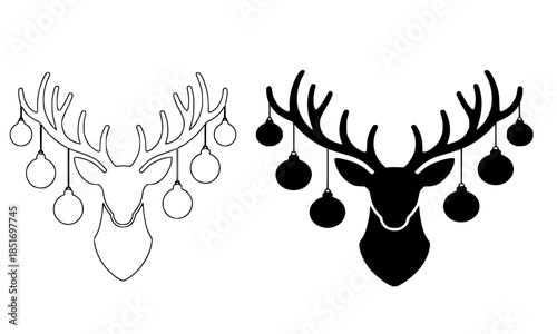 Christmas Reindeer Head Silhouette with Hanging Ornaments, Festive Deer Antlers Decorated with Christmas Balls, Holiday Stag Outline Vector Illustration