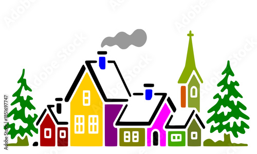 Colorful Christmas Village Landscape with Snow Covered Houses and Church, Winter Town Street Illustration, Festive Holiday Small Town Scenery with Pine Trees and Chimney Smoke