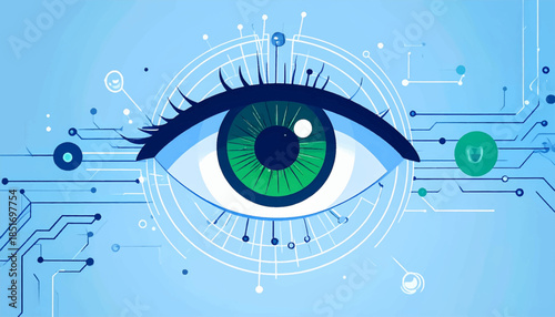 Stylized, green eye, amidst geometric, circuit-like patterns on a light blue background, with artistic digital design elements