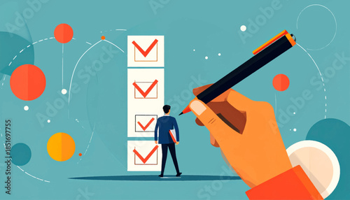 Stylized scene showing completed checklist, man, and hand holding pen on a teal background with abstract shapes