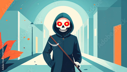 Stylized grim reaper in a blue-toned street, holding a scythe