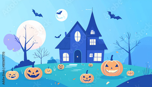 Stylized Halloween scene with a blue house, pumpkins, bats, and a full moon against a light blue backdrop