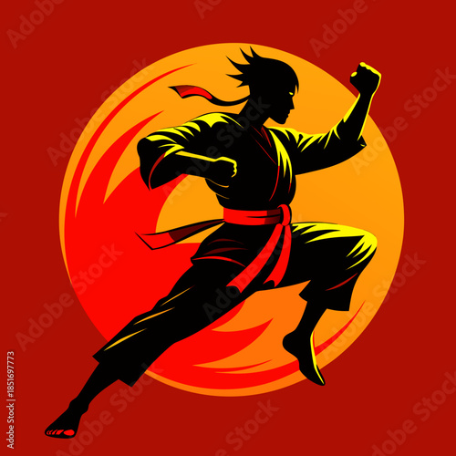 Powerful Martial Artist Silhouette Performing Dynamic Kick Action