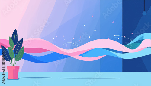 Stylized interior scene with abstract wavy shapes and a potted plant