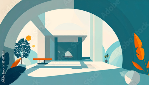 Stylized interior scene with arches, trees, and minimalist furniture in teal, orange, and beige color palette
