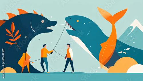 Three figures fishing between two large sea creatures, mountains and sun in the background, simple flat illustration