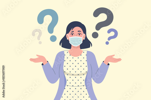 A woman wearing a medical mask shrugs with confusion surrounded by question marks