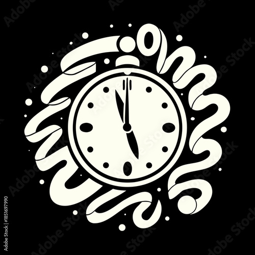 Retro New Year Countdown Clock Vector: Minimalist Black and White Midnight Watch Illustration with Abstract Wavy Ribbon and Starry Confetti for 2026 Holiday Celebration