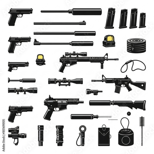 Collection of various black firearms and gun accessories for design
